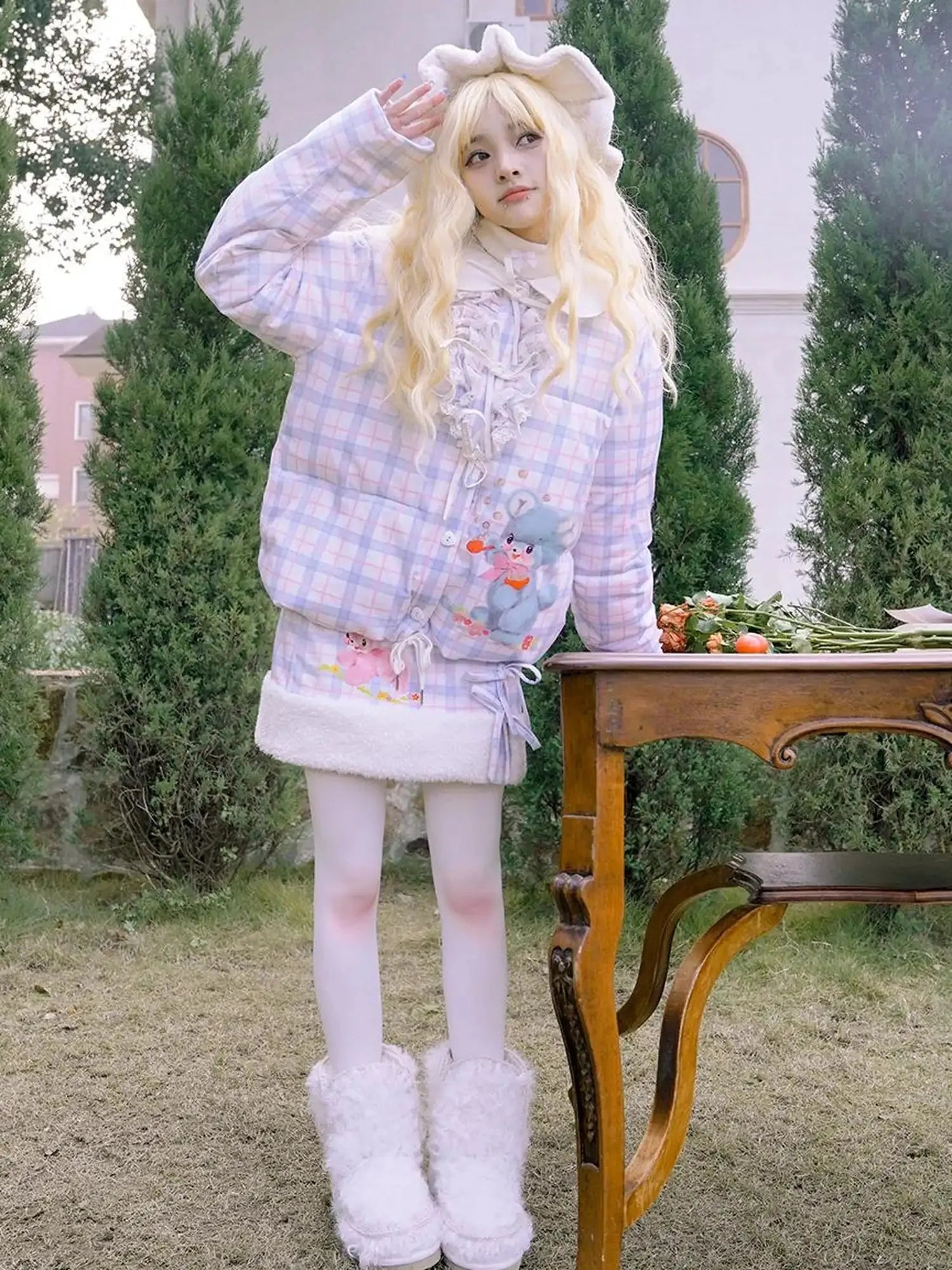 Vintage Bow Dot Print Teddy Jacket