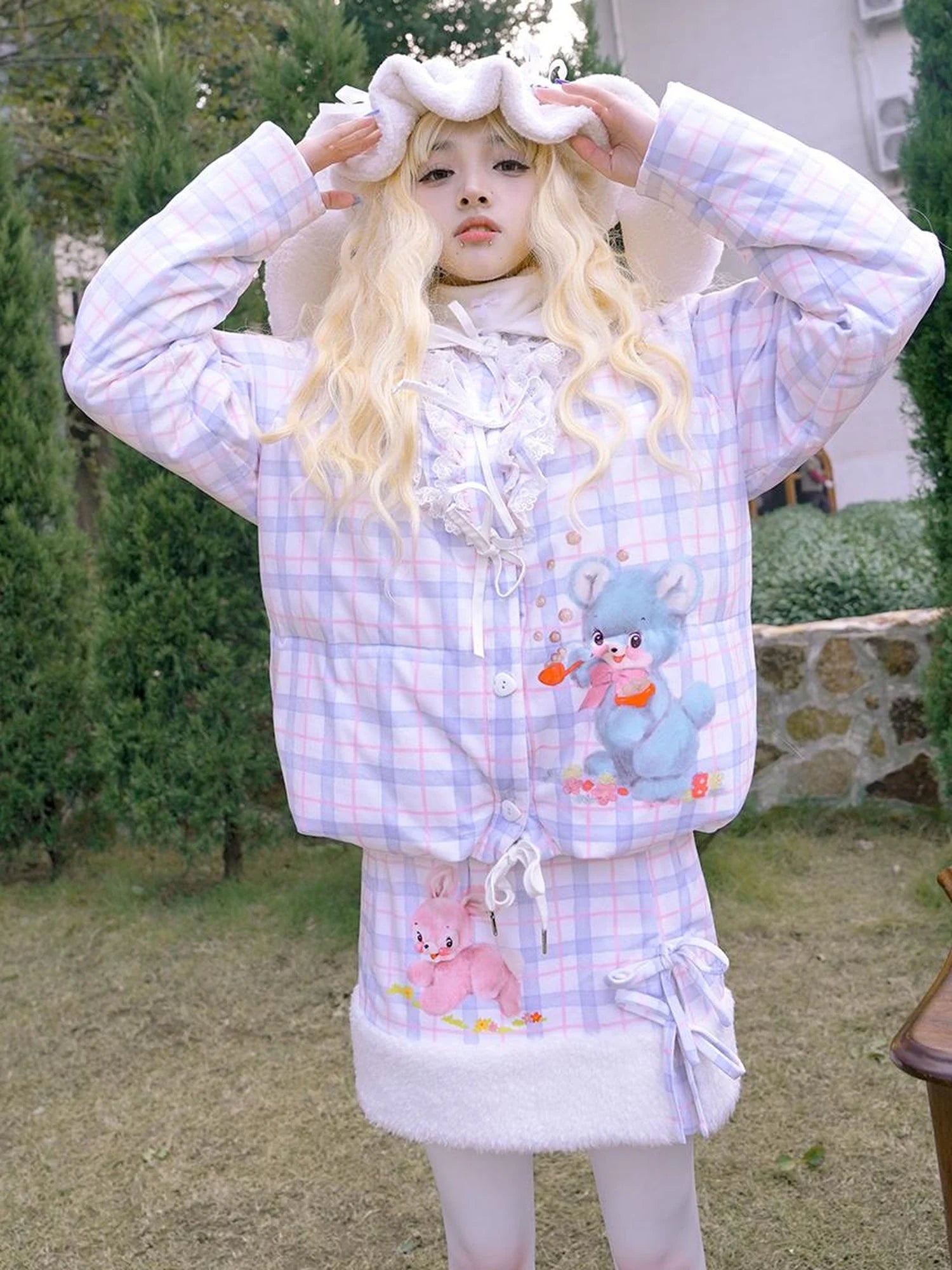 Vintage Bow Dot Print Teddy Jacket