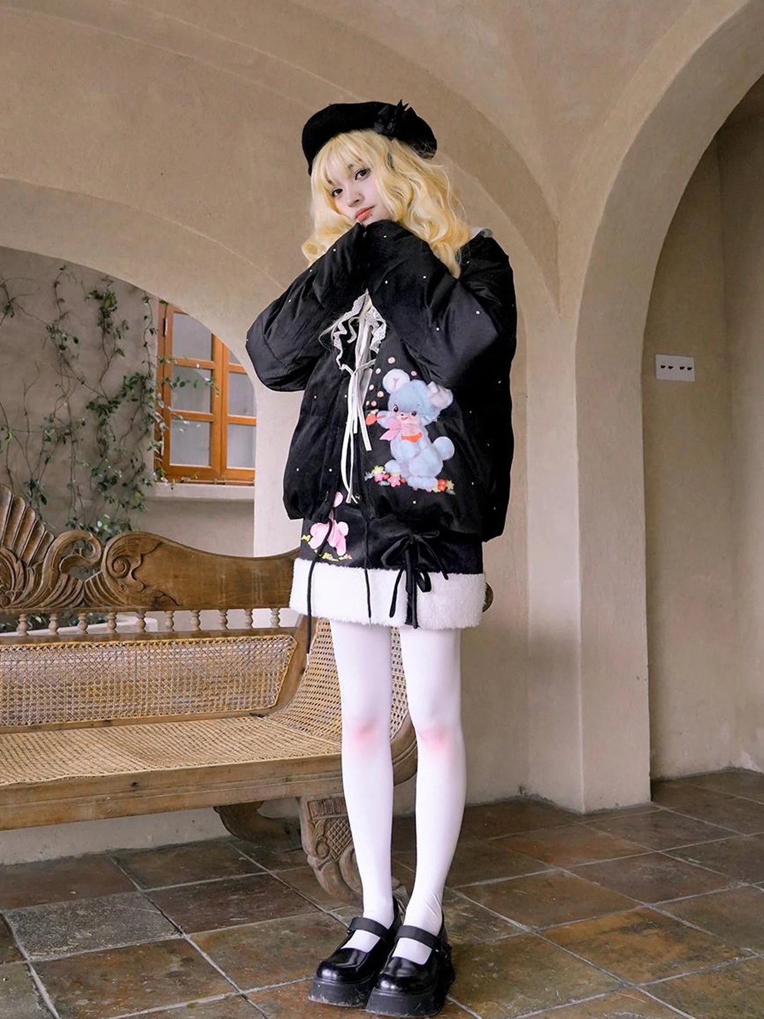 Vintage Bow Dot Print Teddy Jacket