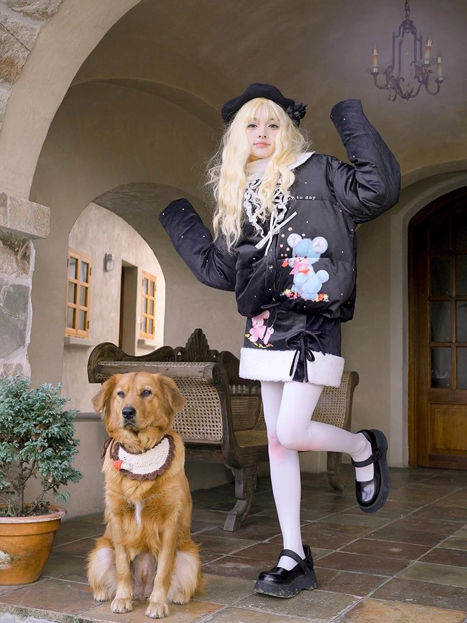 Vintage Bow Dot Print Teddy Jacket