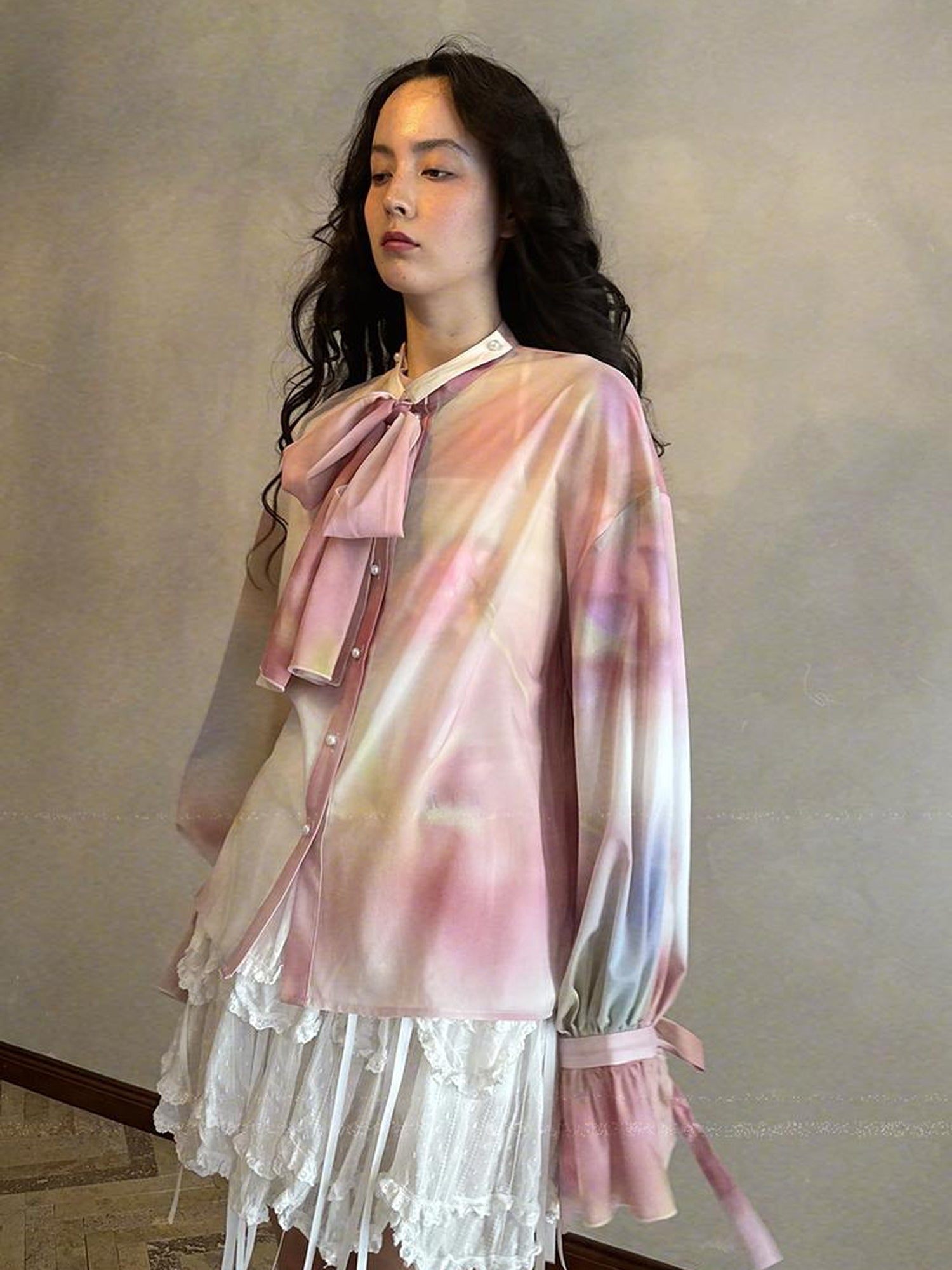 Daytoday Vintage Bow Print Puff Sleeve Blouse