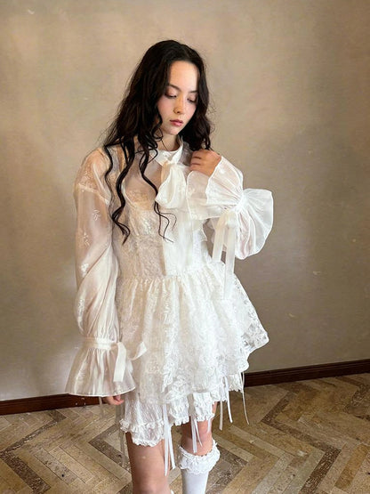 Vintage Bow Print Puff Sleeve Blouse