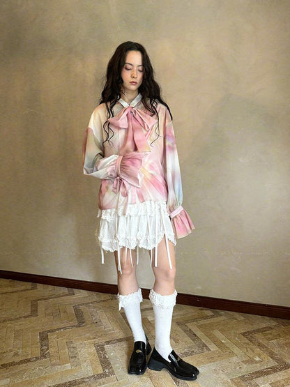 Daytoday Vintage Bow Print Puff Sleeve Blouse