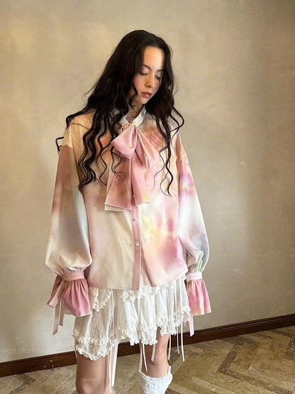 Daytoday Vintage Bow Print Puff Sleeve Blouse