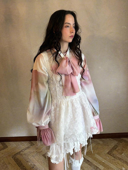 Daytoday Vintage Bow Print Puff Sleeve Blouse