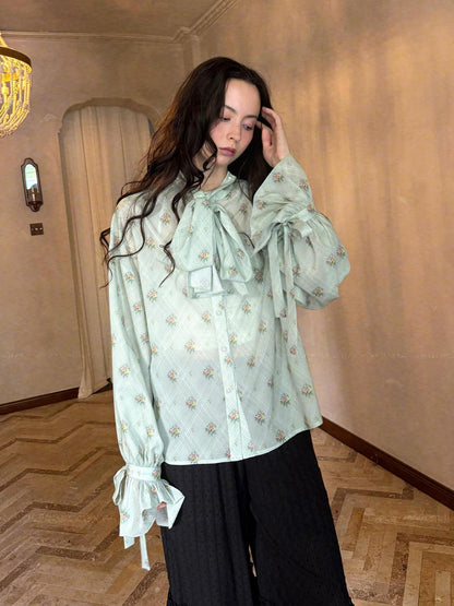 Daytoday Vintage Bow Print Puff Sleeve Blouse