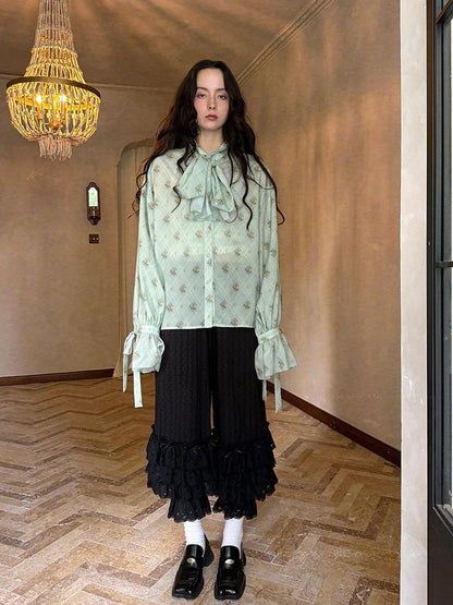 Daytoday Vintage Bow Print Puff Sleeve Blouse