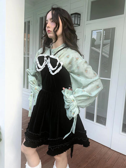 Vintage Bow Print Puff Sleeve Blouse