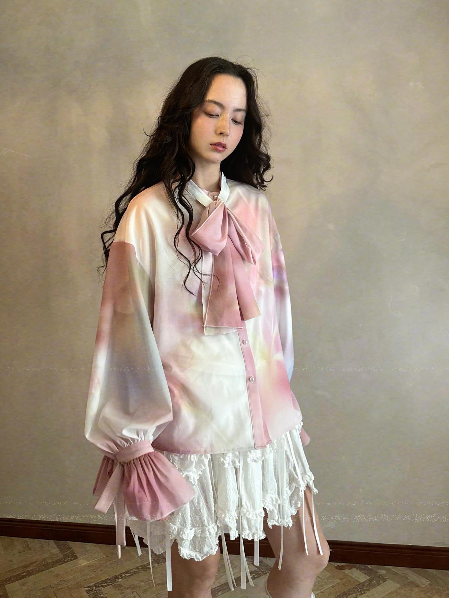 Daytoday Vintage Bow Print Puff Sleeve Blouse