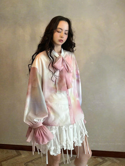 Vintage Bow Print Puff Sleeve Blouse