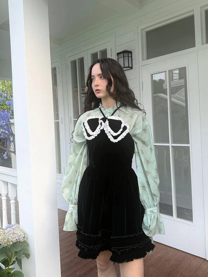 Vintage Bow Print Puff Sleeve Blouse