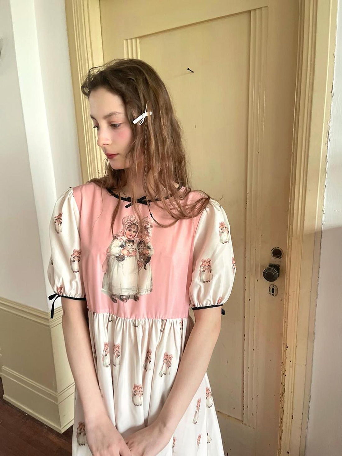 Daytoday Vintage Doll Print Cute Short Sleeve Dress