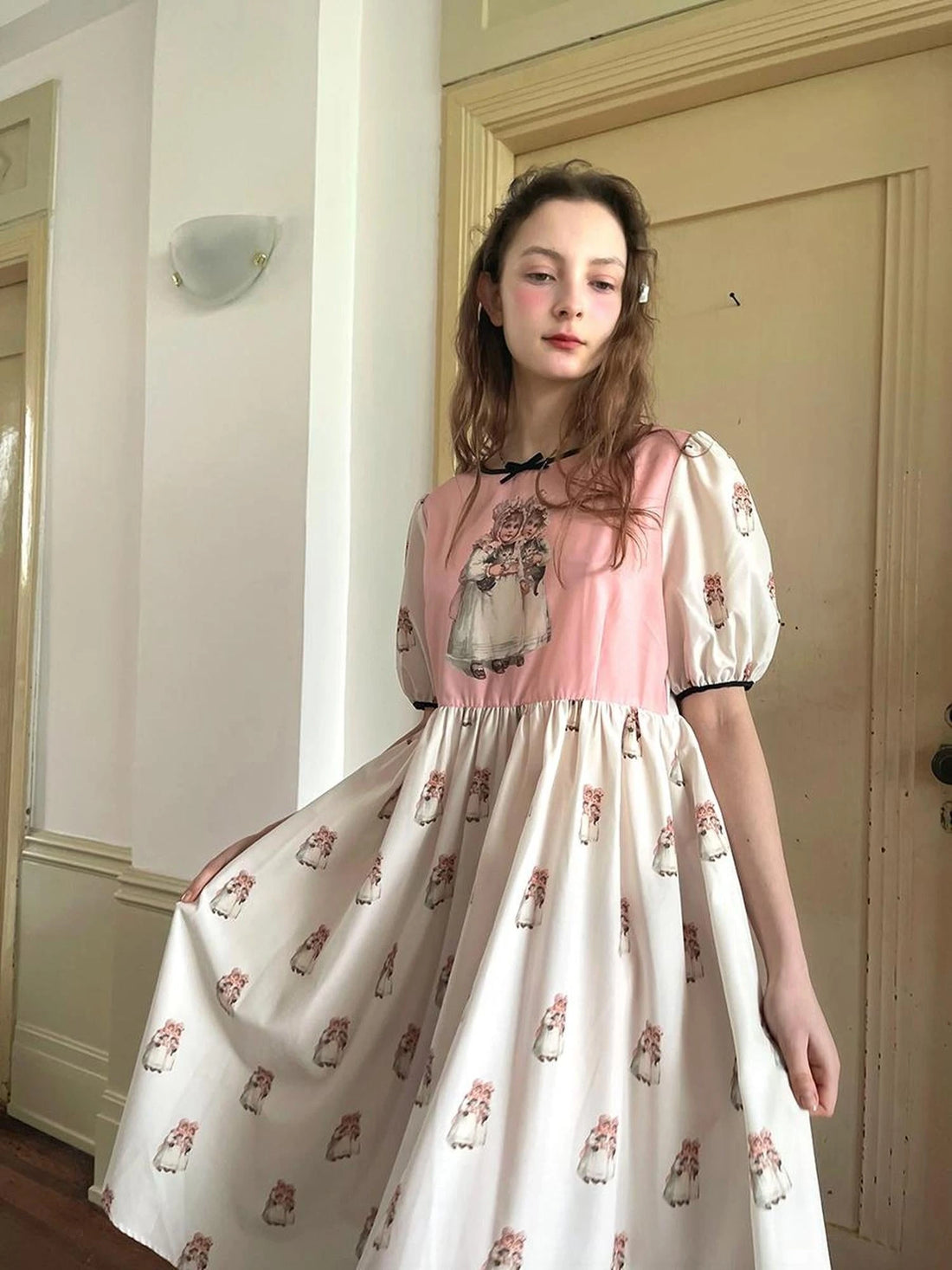 Vintage Doll Print Cute Short Sleeve Dress