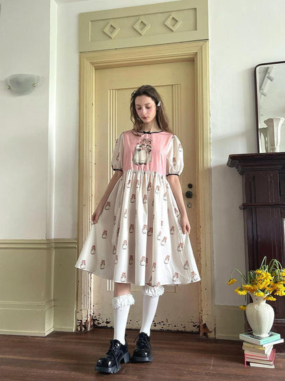 Daytoday Vintage Doll Print Cute Short Sleeve Dress