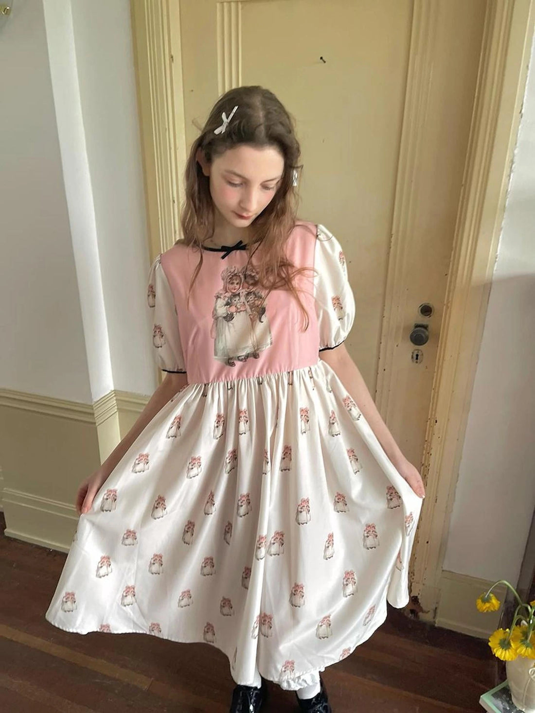 Vintage Doll Print Cute Short Sleeve Dress