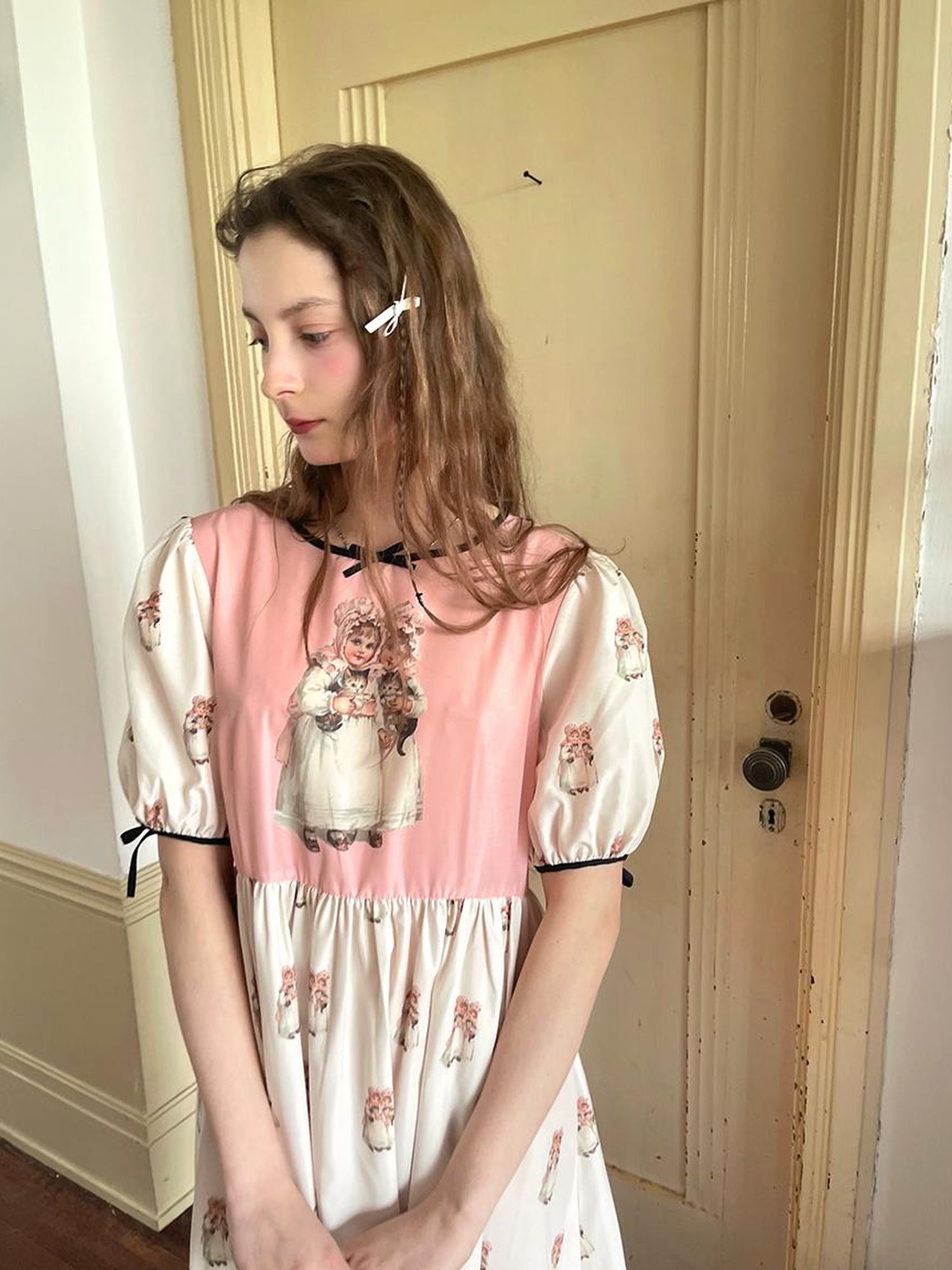 Daytoday Vintage Doll Print Cute Short Sleeve Dress