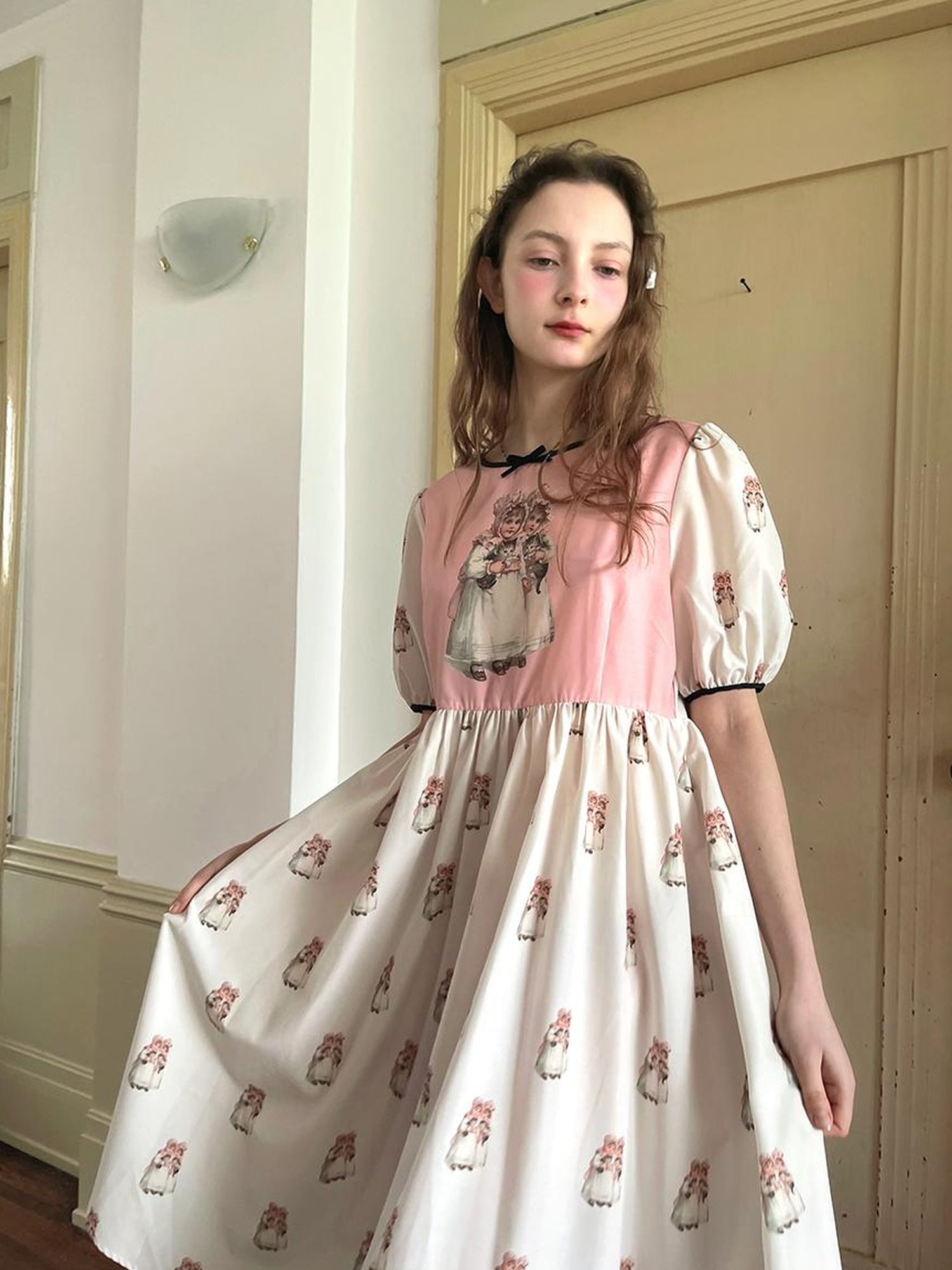 Daytoday Vintage Doll Print Cute Short Sleeve Dress