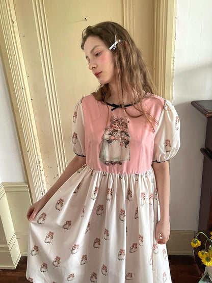 Daytoday Vintage Doll Print Cute Short Sleeve Dress