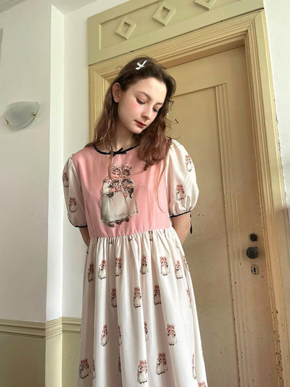 Daytoday Vintage Doll Print Cute Short Sleeve Dress