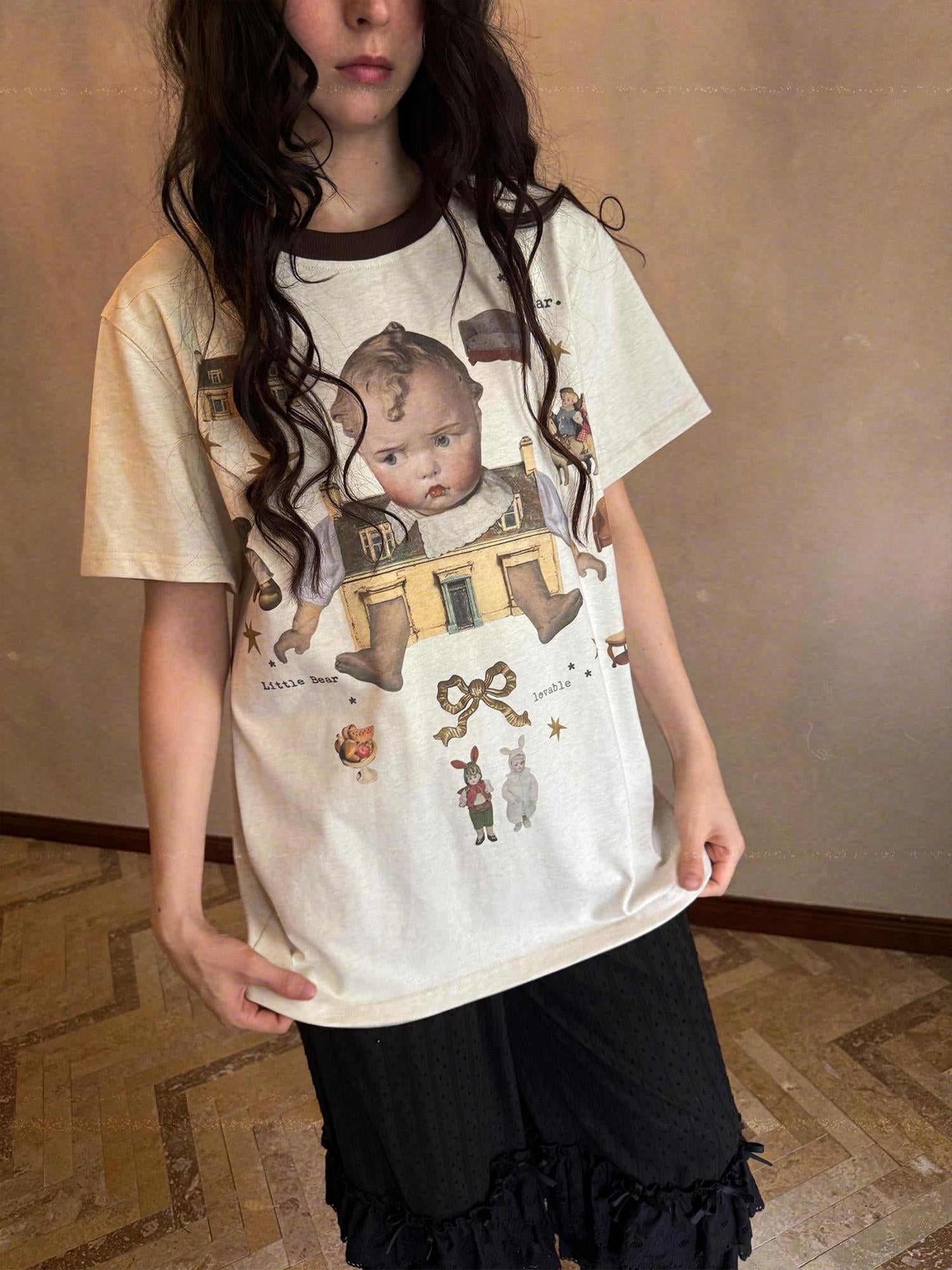 Daytoday Vintage Doll Print Loose T Shirt