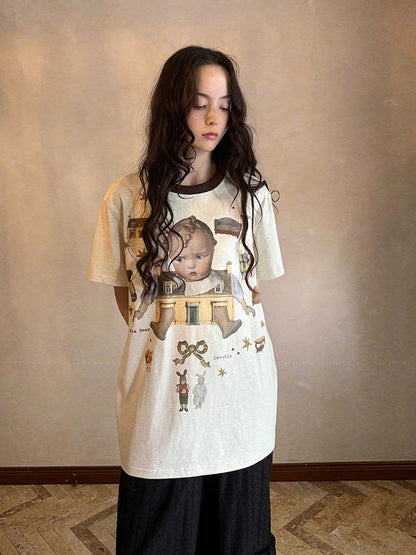 Daytoday Vintage Doll Print Loose T Shirt