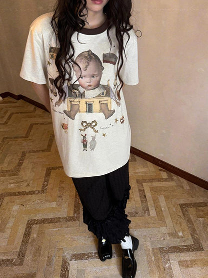 Daytoday Vintage Doll Print Loose T Shirt