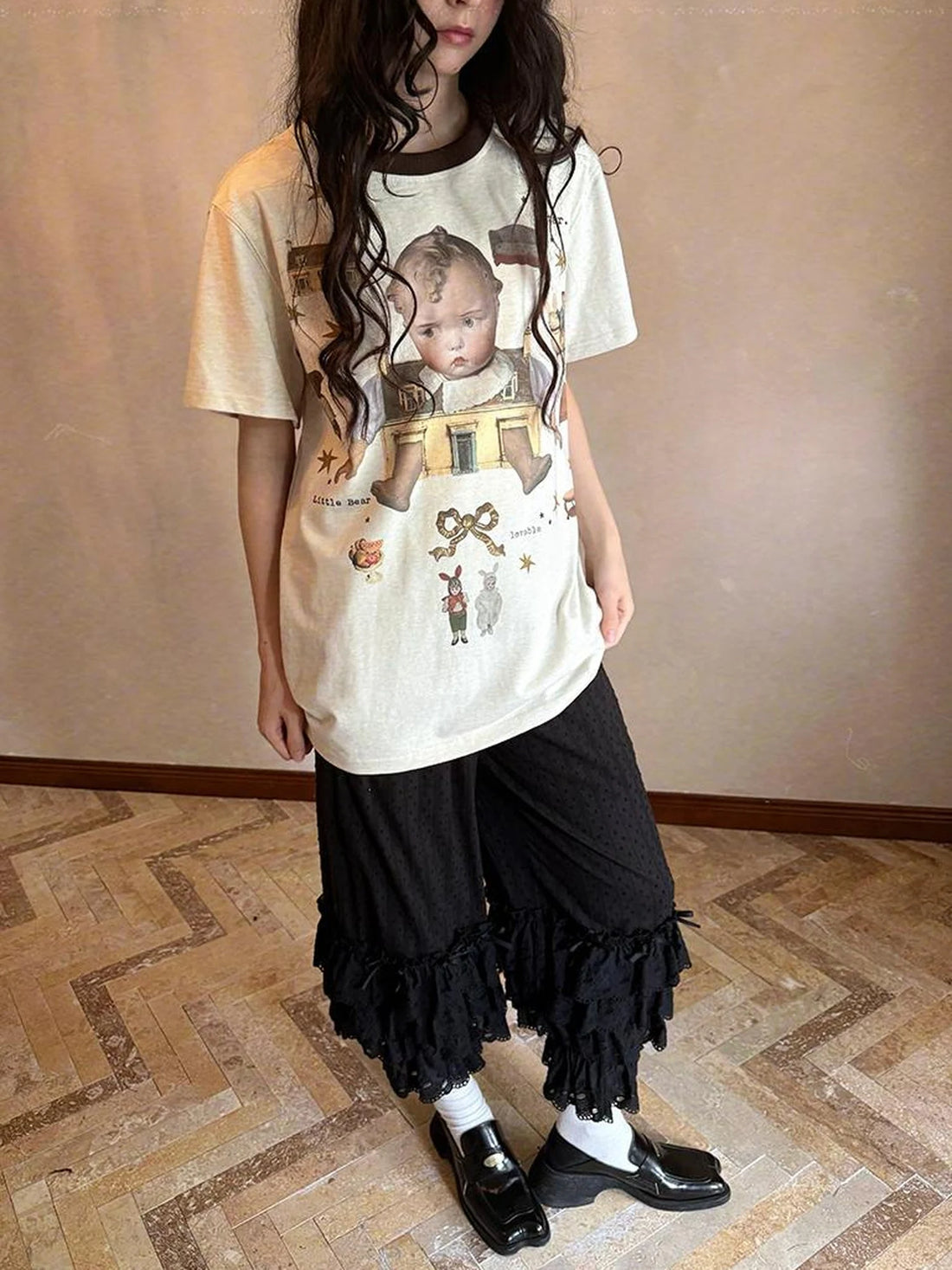 Vintage Doll Print Loose T Shirt