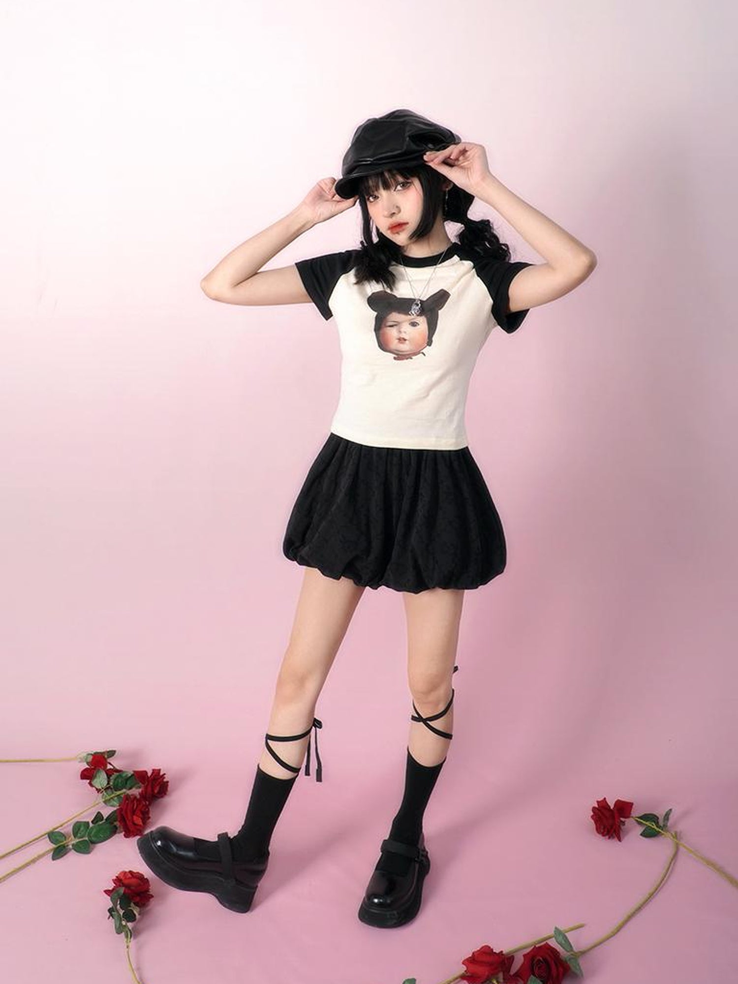 Daytoday Vintage Doll Print Teddy Bear Patch Short Sleeve Tee