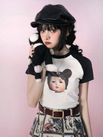 Daytoday Vintage Doll Print Teddy Bear Patch Short Sleeve Tee