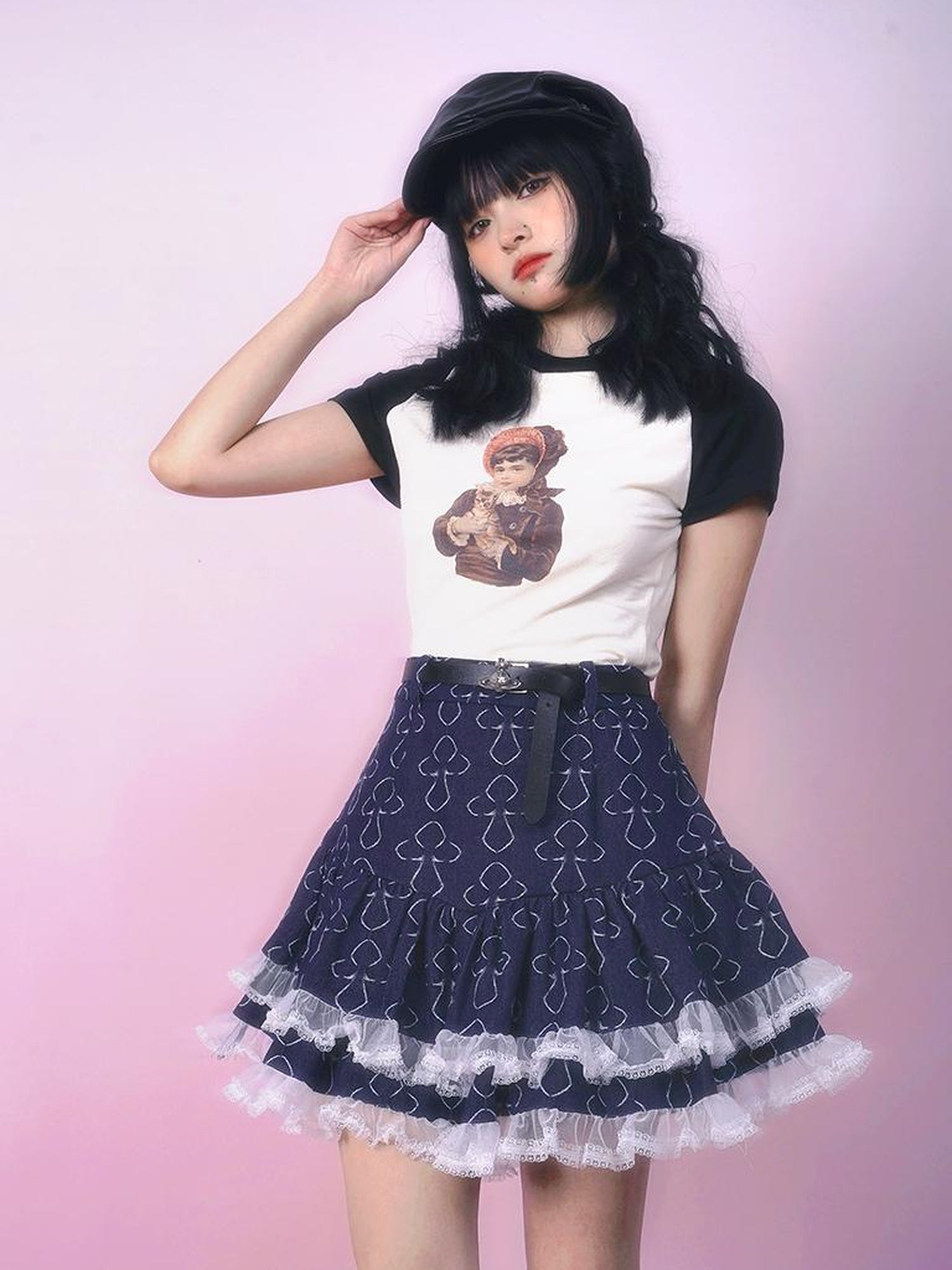 Daytoday Vintage Doll Print Teddy Bear Patch Short Sleeve Tee