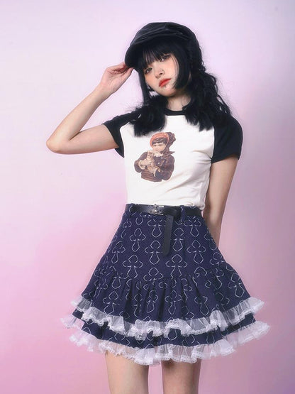 Daytoday Vintage Doll Print Teddy Bear Patch Short Sleeve Tee
