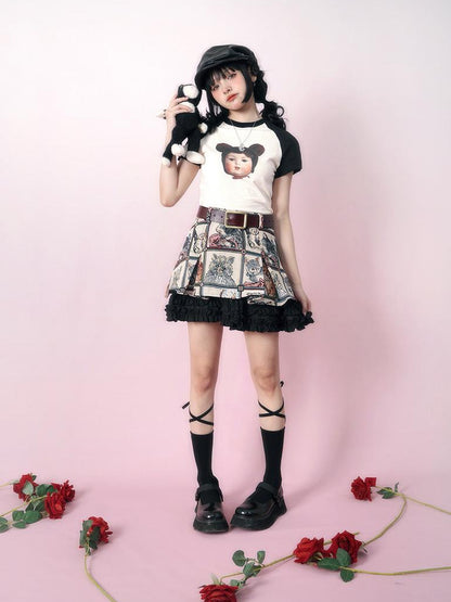 Daytoday Vintage Doll Print Teddy Bear Patch Short Sleeve Tee