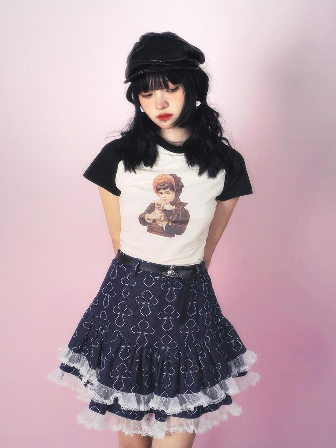 Daytoday Vintage Doll Print Teddy Bear Patch Short Sleeve Tee