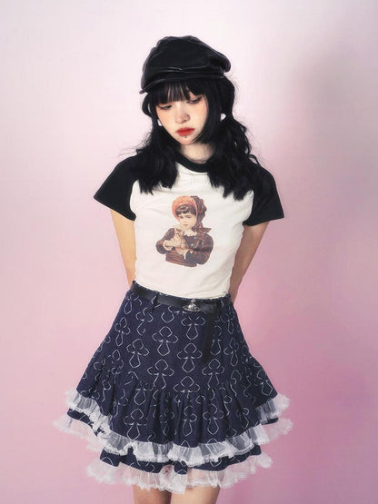 Daytoday Vintage Doll Print Teddy Bear Patch Short Sleeve Tee