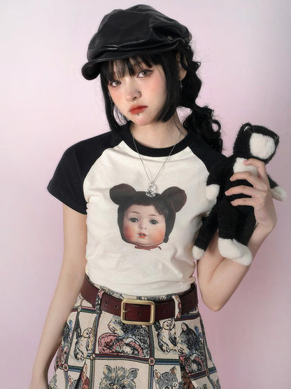 Daytoday Vintage Doll Print Teddy Bear Patch Short Sleeve Tee