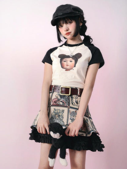 Daytoday Vintage Doll Print Teddy Bear Patch Short Sleeve Tee