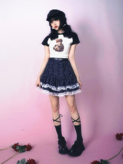 Daytoday Vintage Doll Print Teddy Bear Patch Short Sleeve Tee