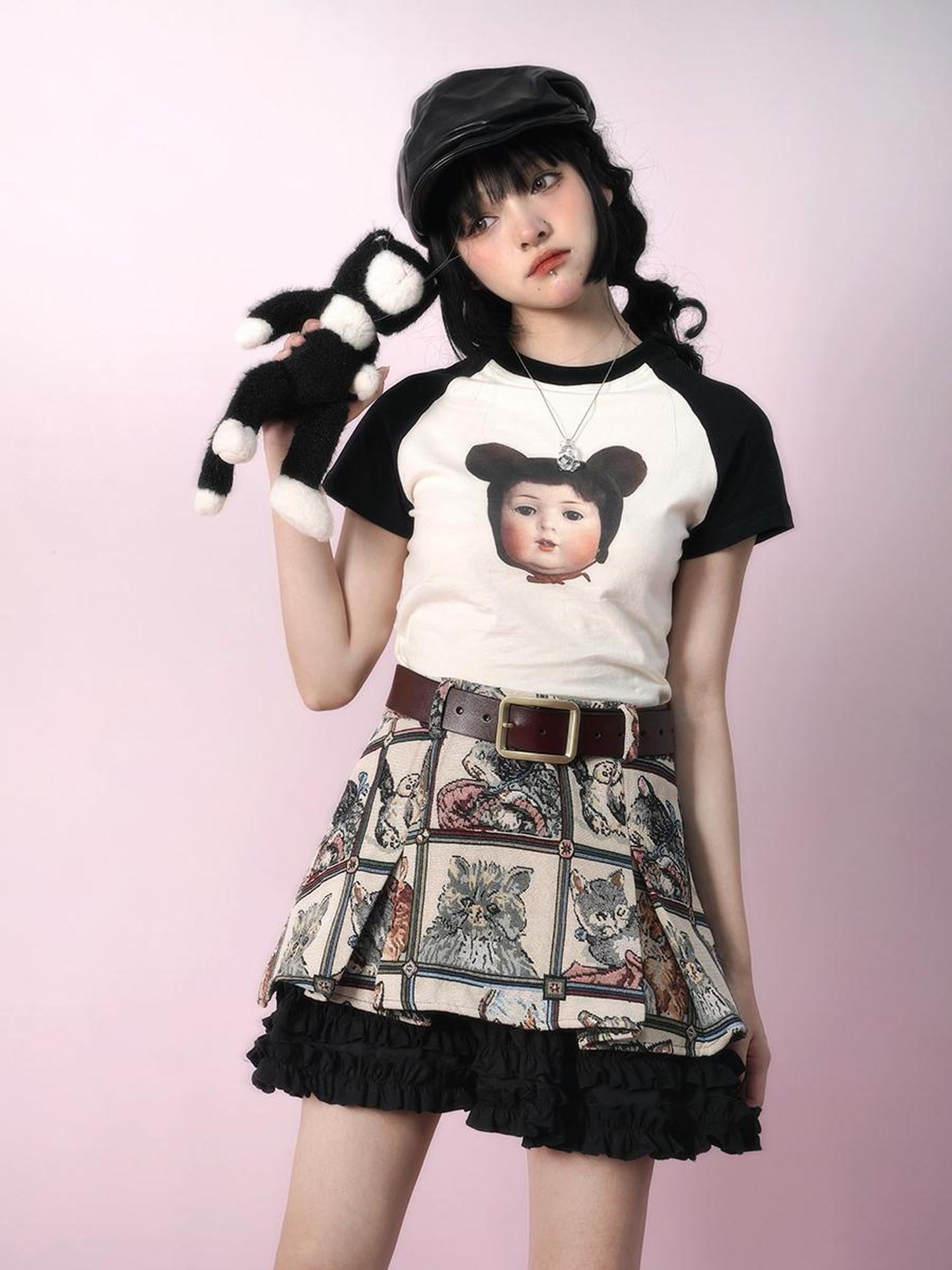 Daytoday Vintage Doll Print Teddy Bear Patch Short Sleeve Tee
