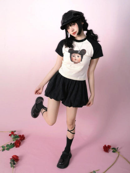 Daytoday Vintage Doll Print Teddy Bear Patch Short Sleeve Tee
