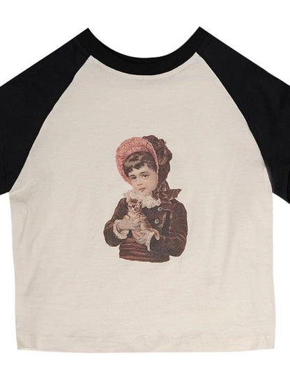 Daytoday Vintage Doll Print Teddy Bear Patch Short Sleeve Tee