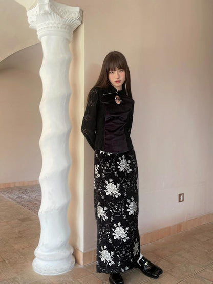 Daytoday Vintage Floral Jacquard Side Slit Midi Skirt