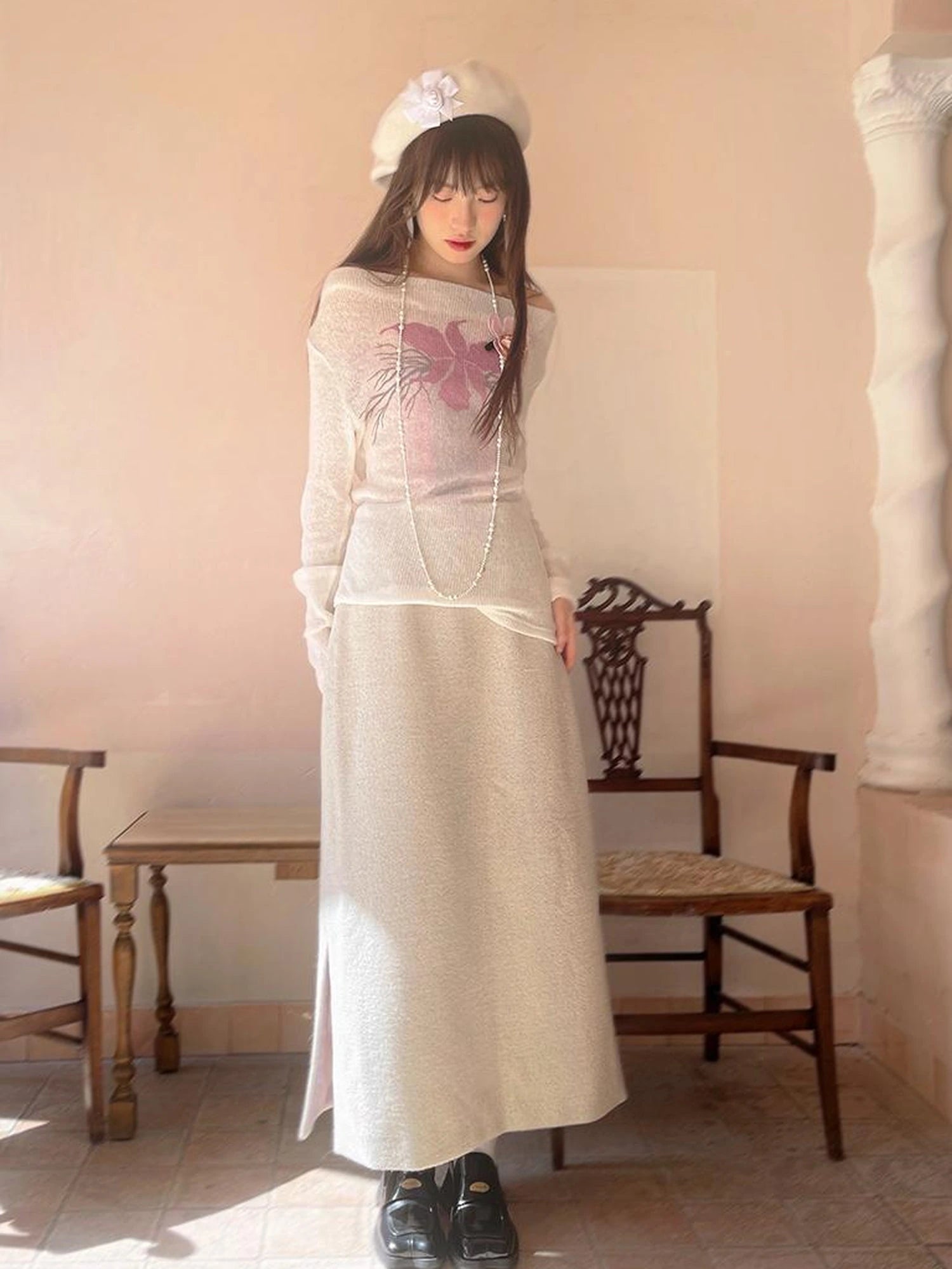 Vintage Floral Jacquard Side Slit Midi Skirt