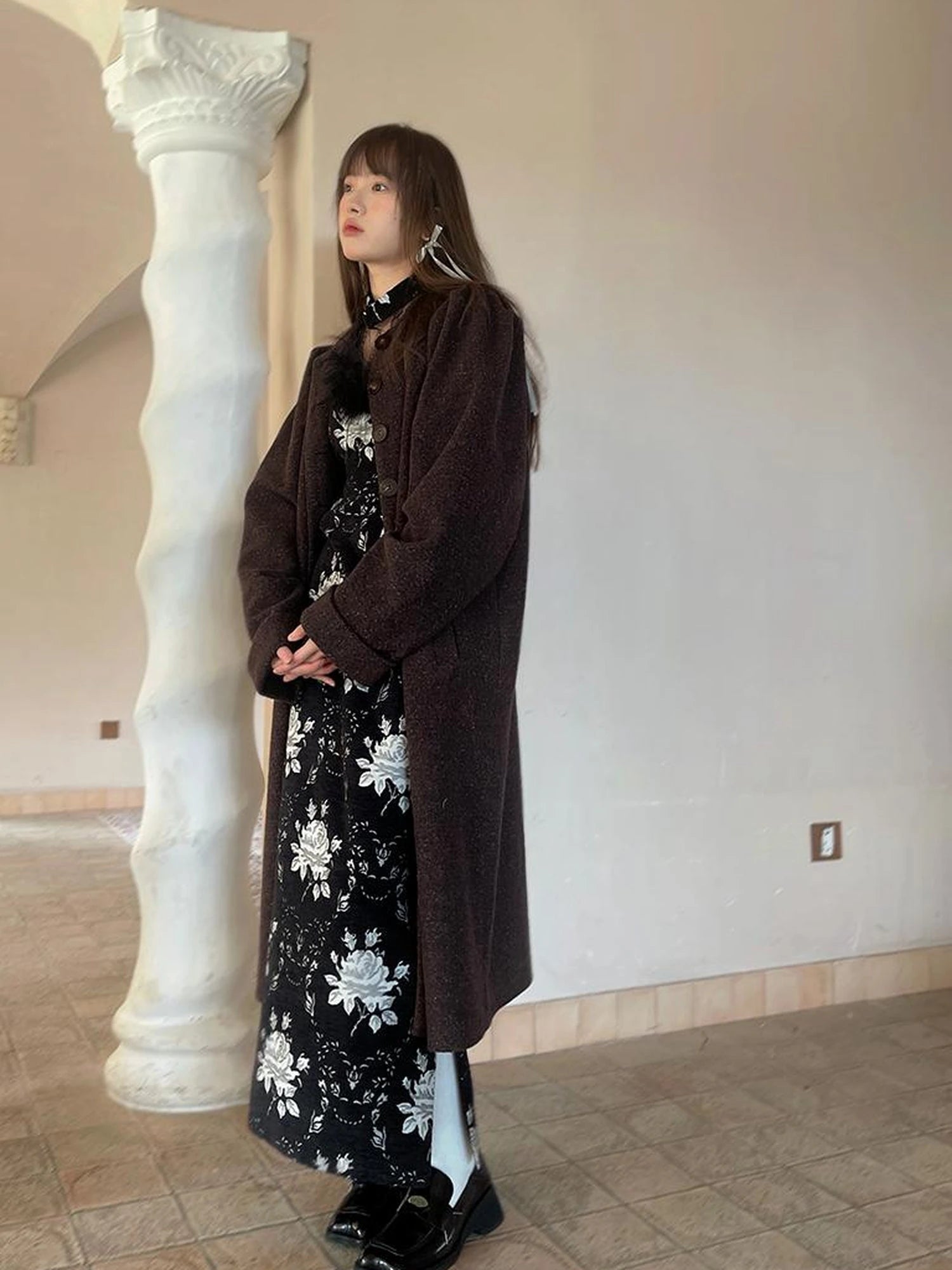 Vintage Floral Jacquard Side Slit Midi Skirt