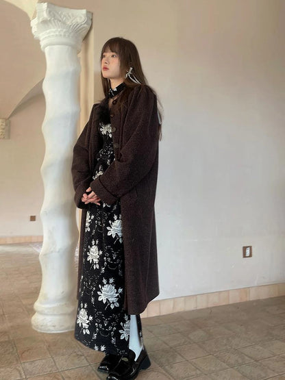 Vintage Floral Jacquard Side Slit Midi Skirt