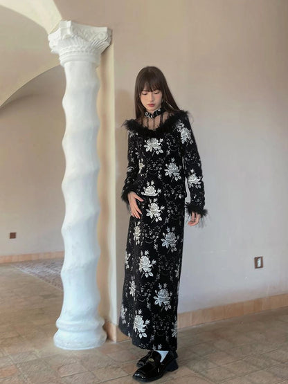 Vintage Floral Jacquard Side Slit Midi Skirt