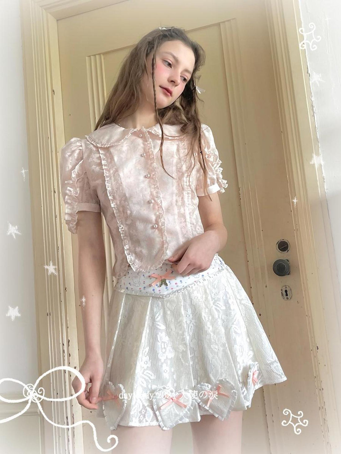Daytoday Vintage Floral Petal Waist Bubble Sleeve Shirt