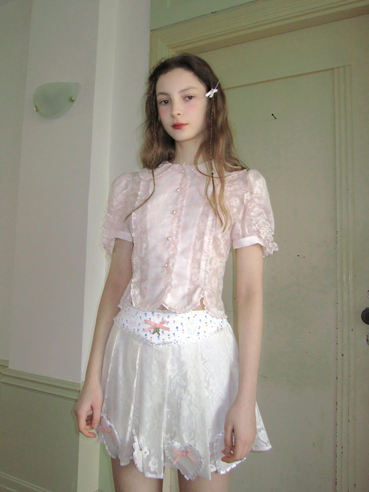 Daytoday Vintage Floral Petal Waist Bubble Sleeve Shirt