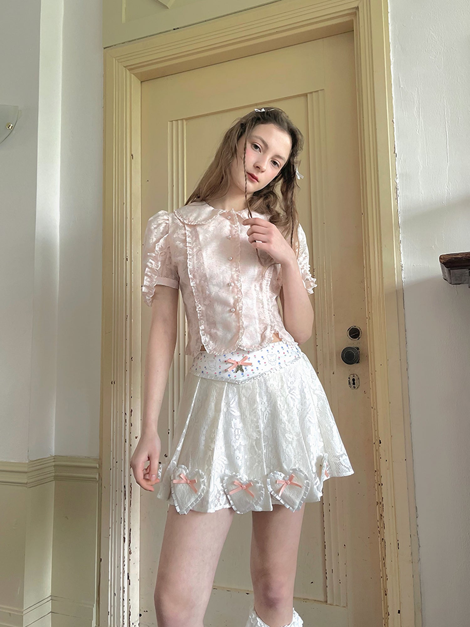 Daytoday Vintage Floral Petal Waist Bubble Sleeve Shirt