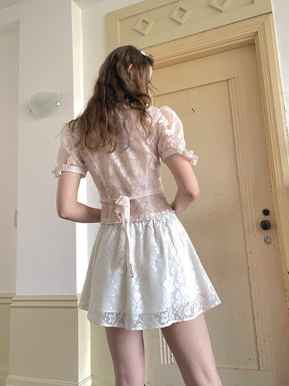 Daytoday Vintage Floral Petal Waist Bubble Sleeve Shirt