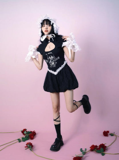 Daytoday Vintage Floral Print Hollow Heart Qipio Tee
